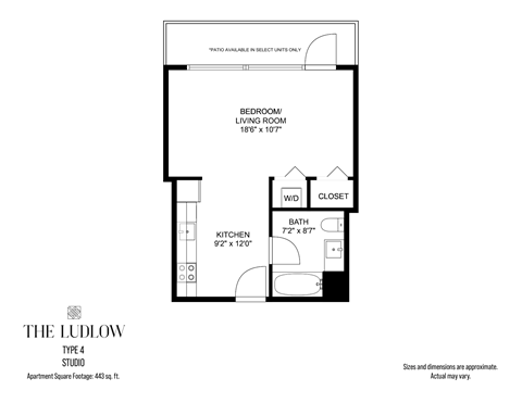 Floor plan for studio, 1 bath, 446 sqft
